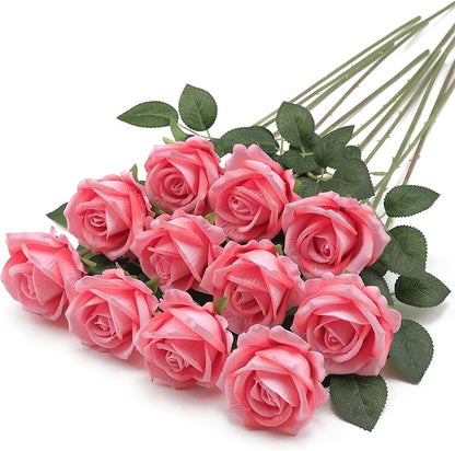 Hawesome Fake Roses Artificial Silk Flowers - 12 Pcs Pink Roses Artificial Faux Flowers with Stems for Home Wedding Centerpiece Hotel Office Decor