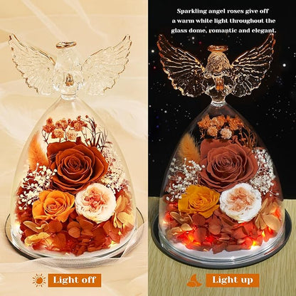 FIACO Gifts for Women Mom Preserved Rose Forever Flower in Glass Angel Figurine Fresh Flowers for Delivery Birthday Gifts for Grandma Wife Sister Christmas Anniversary Eternal Roses