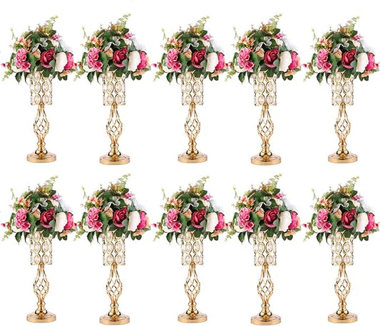 Set of 10 Metal Crystal Wedding Centerpiece Vases for Tables, 20in Silver Trumpet Flower Vase Stands for Wedding Party Reception Dining Room Living Room Décor