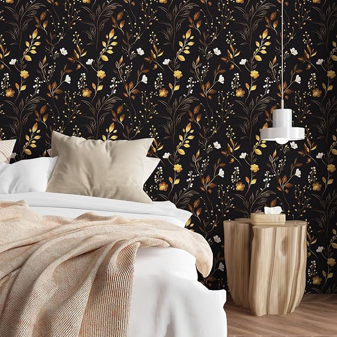 Black Floral Wallpaper Peel and Stick, Dark Gold Vintage Flower Contact Paper 17.5" x 393.7", Golden/White Botanical Wall Paper Self Adhesive Waterproof Removable for Room Cabinet Drawer Table Decor