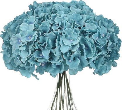 10PCS Artificial Hydrangea Flowers, Fake Hydrangea Silk Flowers Heads with Stems for Wedding Home Party Shop Baby Shower Decoration-Lake Blue