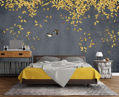 Ginkgo Leaf Flower Bird Wall Mural Wallpaper for Bedroom 137" x 100"