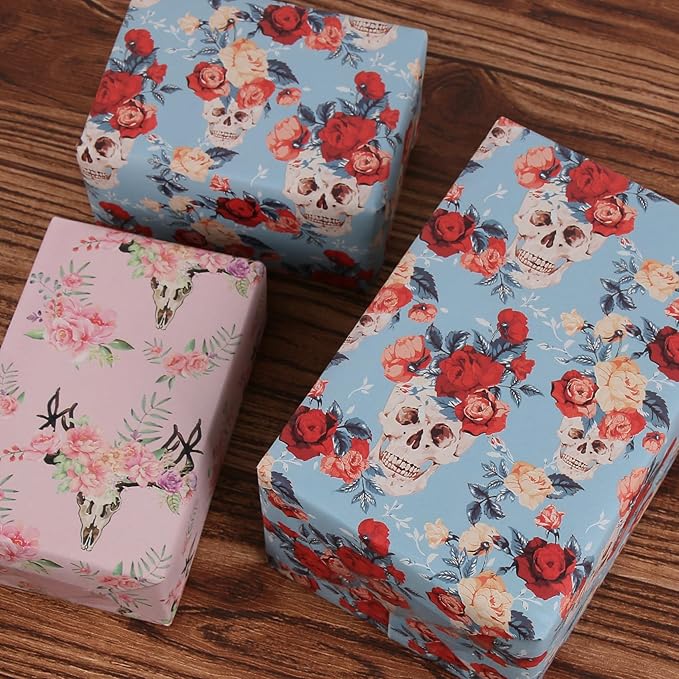 Aimyoo Blue Red Floral Skull Kraft Wrapping Paper Jumbo Roll, Gothic Flower Gift Wrap Paper for Birthday Bridal Shower 17 in x 60 ft