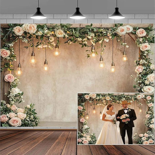 8x6ft Country Wedding Photography Backdrop Floral Rustic Roses Farmhouse Wooden Door Backdrop Pink Flower Birthday Baby Shower Wedding Bridal Party Banner Photo Booth Props Anniversary Background