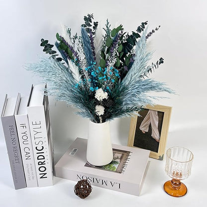 Natural Dried Flower Bouquet, 17” Blue Pampas and Eucalyptus Arrangement with Lavender and Turquoise Accents, Rustic Boho Floral Decor for Living Room, Bedroom, or Gift