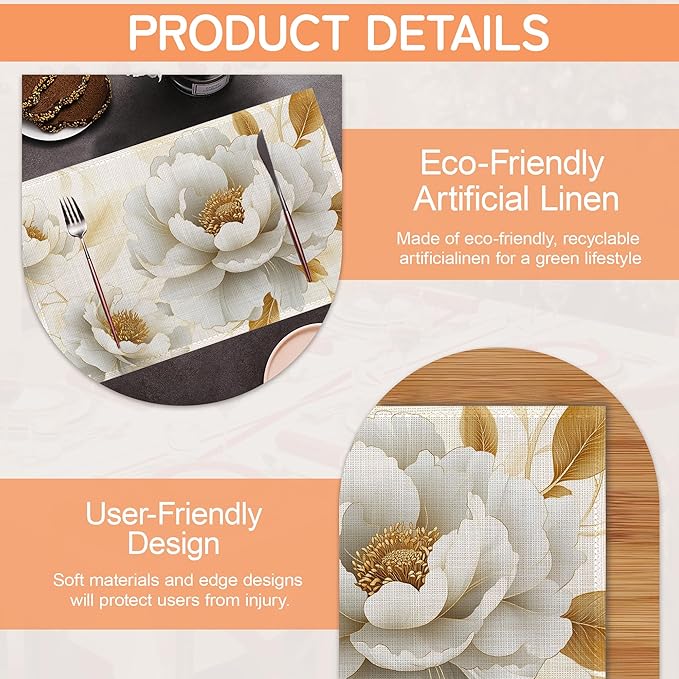 Vintage Peony Placemats Set of 6,White Gold Flower Waterproof Heat Resistant Dining Table Plate Mat for Home Kitchen Dining Table 12x18Inch