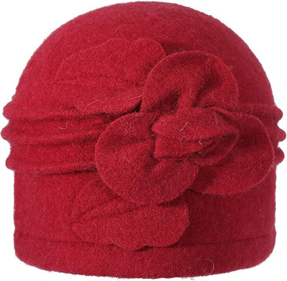 ZLYC Women Wool Cloche Bucket Hat 1920s Vintage Dress Winter Hats with Flower Accent