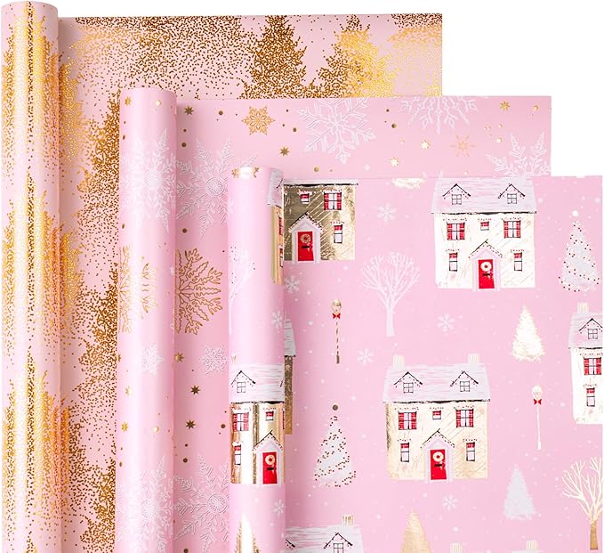 WRAPAHOLIC Christmas Wrapping Paper Roll - Mini Roll - 3 Rolls - 17 Inch X 120 Inch Per Roll - Pink and Gold House, Christmas tree, Snowflake Holiday Collection with Metallic Foil Shine
