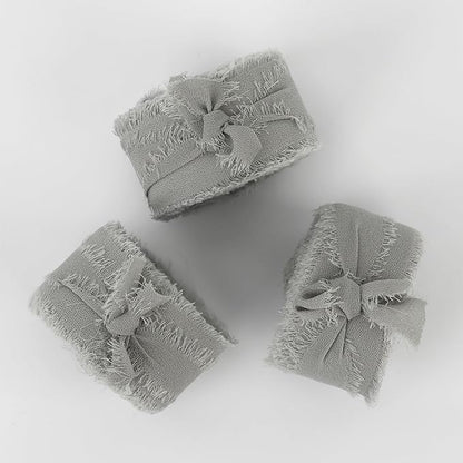 MEEDEE Silver Chiffon Ribbon 1 Inch Frayed Ribbons Gray Chiffon Silk Grey Fringe Ribbon Thin Chiffon Ribbons for Crafts, Gift Wrapping, Wedding Invitation (3 Rolls 21 Yards)