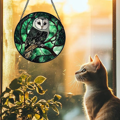 Stained Glass Window Hanging 4 Pcs Set Green Forest Night Sky Wildlife Large 15" - Suncatcher Door Garden Sun Catcher Decor Birthday for Mom Woman Nana Men Friend