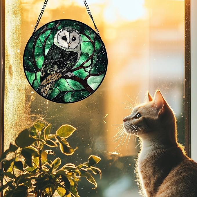 Stained Glass Window Hanging 4 Pcs Set Green Forest Night Sky Wildlife Large 11.8" - Suncatcher Door Garden Sun Catcher Decor Birthday for Mom Woman Nana Men Friend