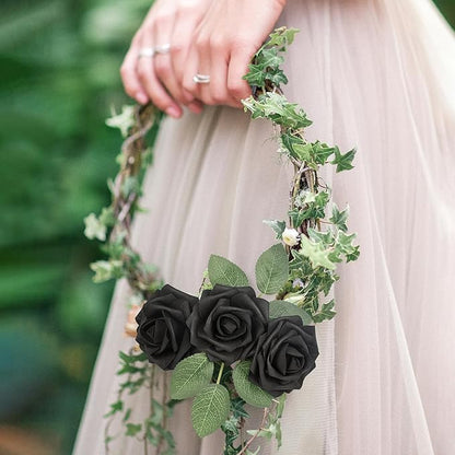 Mocoosy 50Pcs Black Roses Artificial Flowers, Fake Roses for Decorations, Real Touch Foam Rose Bulk with Stem Gothic Wedding Bouquet DIY Floral Arrangements Bridal Shower Valentine's Party Table Decor