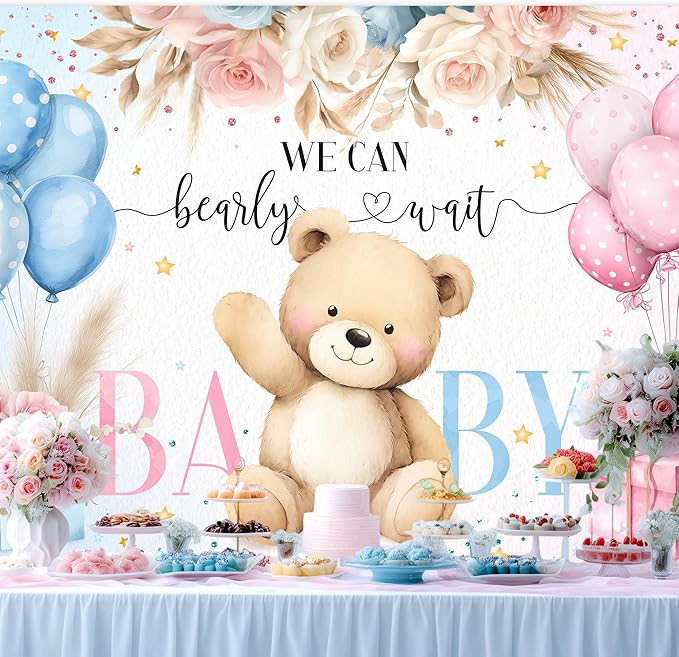 Riyidecor Bear Gender Reveal Backdrop Polyester Fabric We Can Bearly Wait Boho Floral Pampas Grass Rose Flowers 7Wx5H Feet Balloon Baby Shower Photography Background He or She Photo Studio Shoot