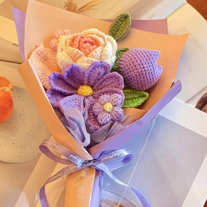 Crochet Flower Bouquet Pink Rose, Purple Tulip,Handmade Knitted Flowers for Birthday, Wedding, Anniversary, Graduation Gift for Her, Girlfriend, Wife, Womeng (Pink & Purple)