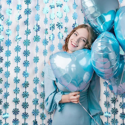 BRAVESHINE Blue Party Snowflake Backdrop - 2 Pack Hanging Foil Fringe Snow Flakes Party Streamers Curtain for Christmas Winter-Themed Frozen Birthday Baby Shower Holiday New Year Party Decorations