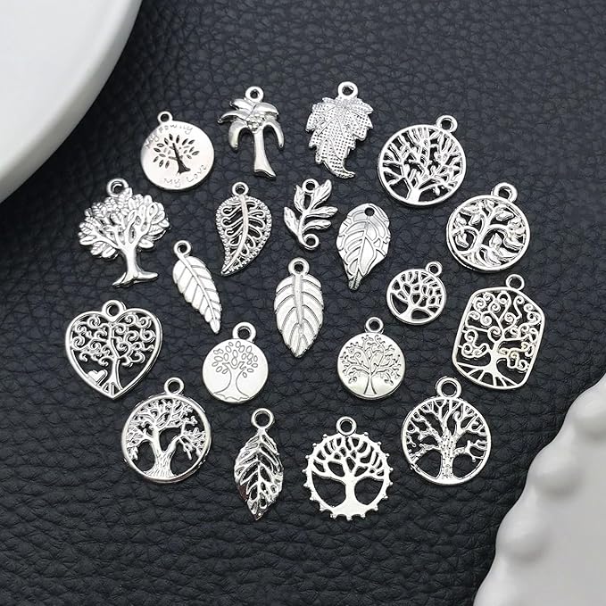 WOCRAFT 60pcs Bright Silver Tree Leaf Charms Bracelet Charms for Jewelry Making Sets DIY Necklace Bracelet Keychain Crafting Charms Kit Craft Supplies (SN891)