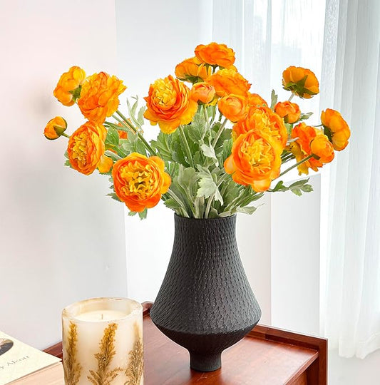 7 pcs Orange Peonies Artificial Flowers, Fake Ranunculus for for vase, Fake Silk Flowers for Home Table Centerpiece Office Desk Farmhouse Kitchen Dining Coffee Table Decoration (Light Orange)