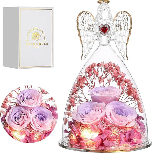 Mothers Day Rose Gifts for Women, Large Angel Figurines with Real Roses, Preserved Real Flower Rose for Her, PinkPurPink