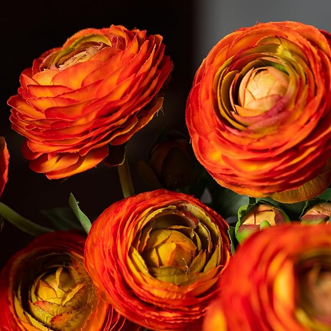 Artificial Ranunculus Flowers with Real Touch Stem, Silk Ranunculus Flowers (Orange, 6pcs)
