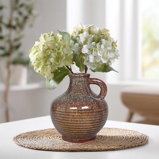 Sunddo Brown Ceramic Vase 6 Inch - Small Rustic Decorative Vase with 1 Handle, Rustic Farmhouse Decor, Bedroom, Bathroom, Bookshelf, Mantel, Coffee Table Decor