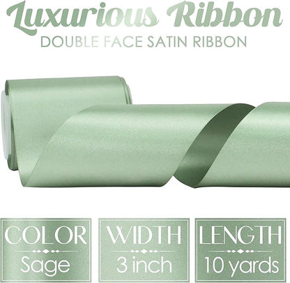 MEEDEE Sage Green Satin Ribbon Lux Double Faced Satin Ribbon by 10 Yards Sage Green Ribbons Sage 3 Inch Ribbons for Wedding, Christmas Tree Decoration, Flower Bouquet, Bow Making