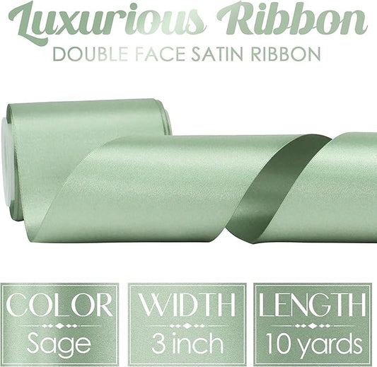 MEEDEE Sage Green Satin Ribbon Lux Double Faced Satin Ribbon by 10 Yards Sage Green Ribbons Sage 3 Inch Ribbons for Wedding, Christmas Tree Decoration, Flower Bouquet, Bow Making