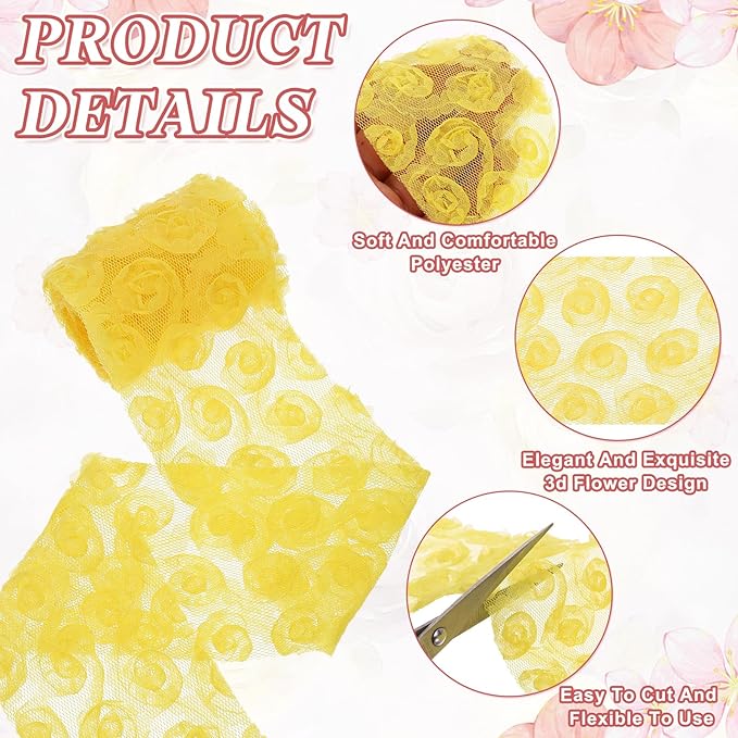 uxcell 2PCS Lace Trim Ribbon, 2.36 inch - 1 Yard 3D Rose Floral Embroidery Ribbons Edge Trimming for Sewing, Wedding Dress, DIY Crafts, Decoration Accessories, Dark Yellow