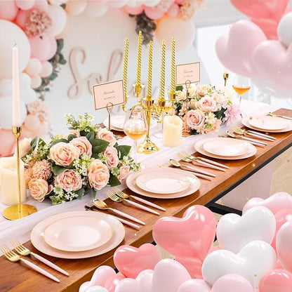Liacere 150PCS Plastic Plates-Gold Plastic Silverware with Pink Handle - Pink Disposable Plates Include 30 Guests Plates, Forks, Spoons, Knives for Wedding＆Easter Day＆Mother's Day＆Valentine's Day