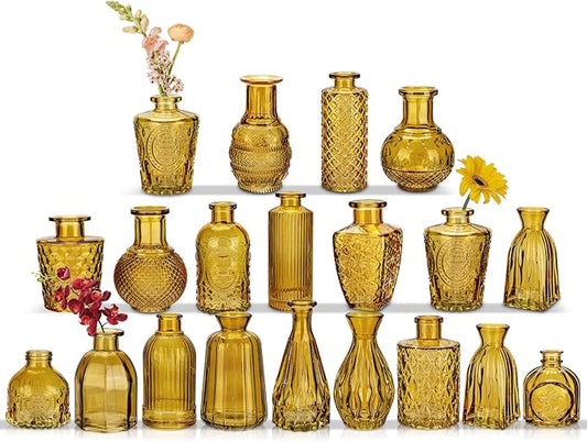 Glass Bud Vases Set of 20, Small Flower Vase in Bulk for Centerpieces, Mini Vintage Amber Vases for Rustic Wedding Vintage Home Table Decor