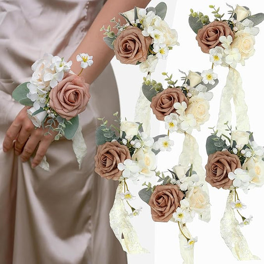 Dusty Rose Corsages for Wedding(Set of 6),Corsages for Prom,Party Prom Hand Flower Decor,Mother of The Bride Corsage,Bridesmaid Wrist Corsage