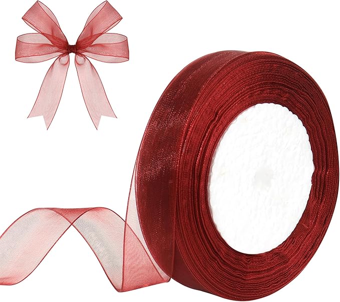 3/4 Inch x 50 Yards Sheer Organza Ribbon Chiffon Ribbon for Gift Wedding Flower Bouquet Wrapping Decorations Crafts (Wine red)
