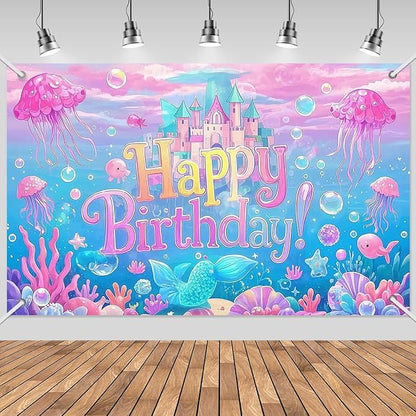 3x5ft Under The Sea Birthday Backdrop, Happy Birthday Decoration Background, Cute Cartoon Mermaid Theme Party Supplies Outdoor Indoor Photo Banner