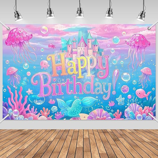 3x5ft Under The Sea Birthday Backdrop, Happy Birthday Decoration Background, Cute Cartoon Mermaid Theme Party Supplies Outdoor Indoor Photo Banner