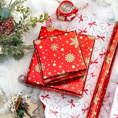 MAYPLUSS Christmas Wrapping Paper Roll - 17 Inch X 33 Feet - Gold Snowflake Star Reversible Candy Cane Gift Wrapping Paper, Thick Wrap Paper for Holiday Party New Year Kids