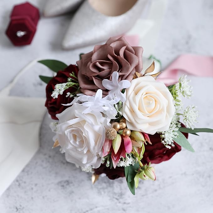 ponatia Dusty Rose Wedding Bouquets for Bride Bridesmaid, Burgundy Wedding Artificial Roses Flowers for Wedding Bouquets Ceremony, Anniversary (Burgundy & Dusty Rose)
