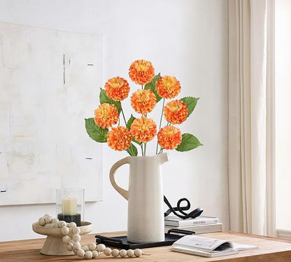 Hollyone 27.6" Orange Artificial Dahlia Flowers 3Pcs Fake Roses Bouquet Ball Dahlia Flower Arrangement Faux Pincushion Flower with 3 Heads Long Stem for Centerpiece Home Decor
