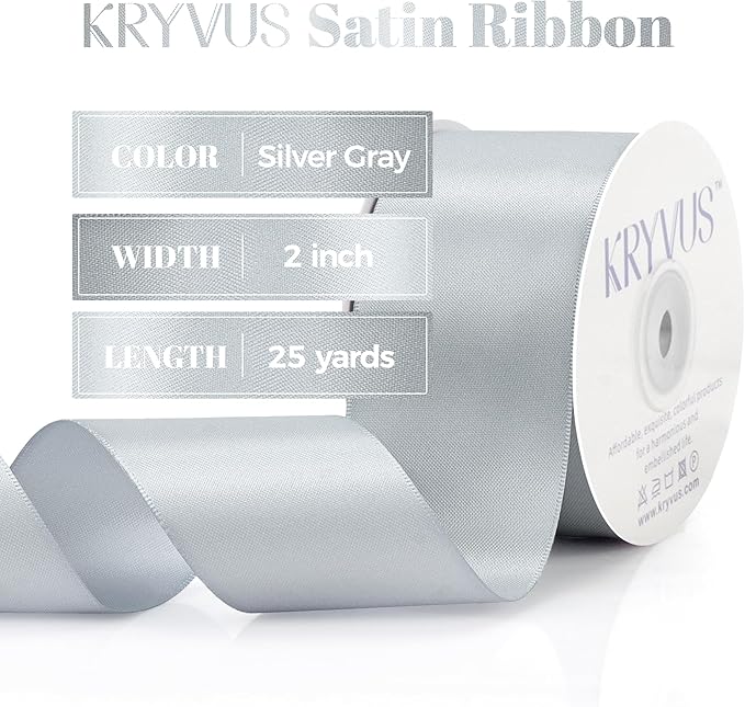 Silver Gray Satin Ribbon, Double Faced 2 Inch X 25 Yards Silver Gray Ribbon, Premium Satin Ribbon for Gift Wrapping, Crafts, Hair Bow Making, Sewing, Flower Bouquet, Wedding Party Decor