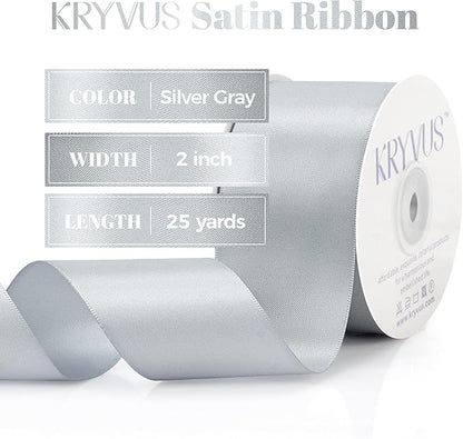 Silver Gray Satin Ribbon, Double Faced 2 Inch X 25 Yards Silver Gray Ribbon, Premium Satin Ribbon for Gift Wrapping, Crafts, Hair Bow Making, Sewing, Flower Bouquet, Wedding Party Decor