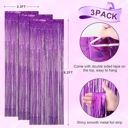 3 Pack 3.3 x 8.2 ft Laser Purple Foil Fringe Backdrop Curtains, Tinsel Streamers Birthday Party Decorations, Fringe Backdrop for Graduation, Baby Shower, Gender Reveal, Disco Party