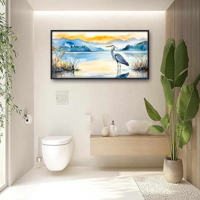 Heron Bird Large Decor Wall Art Mountain Landscape Framed Pictures for Living Room, Oversized Canvas Print Painting Modern Extra Large Framed Artwork for Bedroom Office Home Decor 60"x30"
