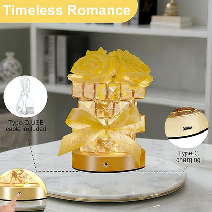 Christmas Gifts for Woman, Touch Crystal Rose Lamp, Elegant Flower lamps, Yellow Roses Crystal Lights Base, Yellow Nightlight, Gifts for Her, Mom, Wife, Girlfriend, Valentines, Birthday Gifts