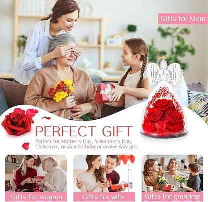 Christmas Flowers Gifts for Grandma Mom,Forever Real Roses in Angel Figurines,Christmas Roses Gifts for Women Wife Mother in Law/Red