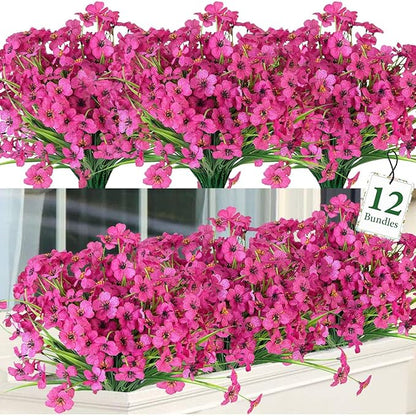Ouddy Decor 12 Bundles Artificial Flowers for Decorations Fake Silk Plants for Outdoors UV Resistant Faux Plastic Greenery Stems for Garden Porch Window Box Home Spring Decor, Rose Red