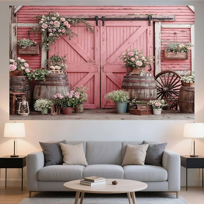 6x6ft Country Wedding Pink Photography Backdrop Rustic Wooden Barn Door Photography Backdrop Farmhouse Flower Western Girl Birthday Baby Shower Wedding Bridal Party Banner Photo Booth Props Background