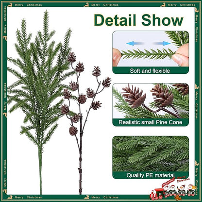 Artificial Christmas Norfolk Pine Stems Branches for Vases,12 Bundles Fake Pine Stems with 2 PCS Small Pinecones Branches Faux Evergreen Real Touch Greenery for Xmas Holiday Winter Table Indoor Decor