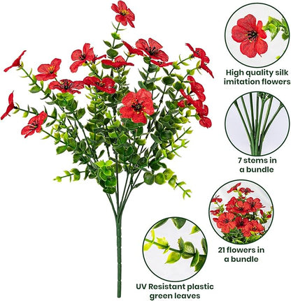20 Bundles Artificial Flowers for Outdoor Fake Plants for Spring Decoration,Faux Eucalyptus Flowers for Planter UV Resistant Lifelike for Home Porch Garden（Red）