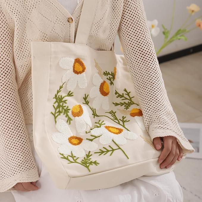 Aesthetic Embroidery Tote Bag for Lady Cute Reusable Canvas Shoulder Bag for Girls Women Shopping Grocery