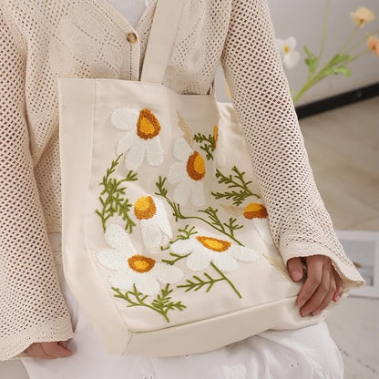 Aesthetic Embroidery Tote Bag for Lady Cute Reusable Canvas Shoulder Bag for Girls Women Shopping Grocery