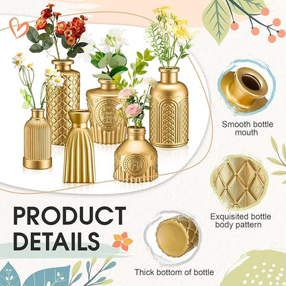 Yaomiao 30 Pcs Vases Bulk Colored Flower Glass Christmas Vases Bud Vintage Colored Glass Bottles Colorful Rustic Embossed for Home Wedding Table Decorations Gifts(Gold Series)