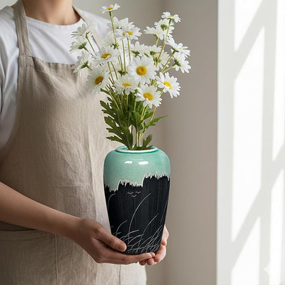 Black and Green Vase, 8 Inch Green Ceramic Vase with Textured Crackle Glaze, Modern Farmhouse Vases for Home Decor, Rustic Centerpiece for Living Room, Bathroom